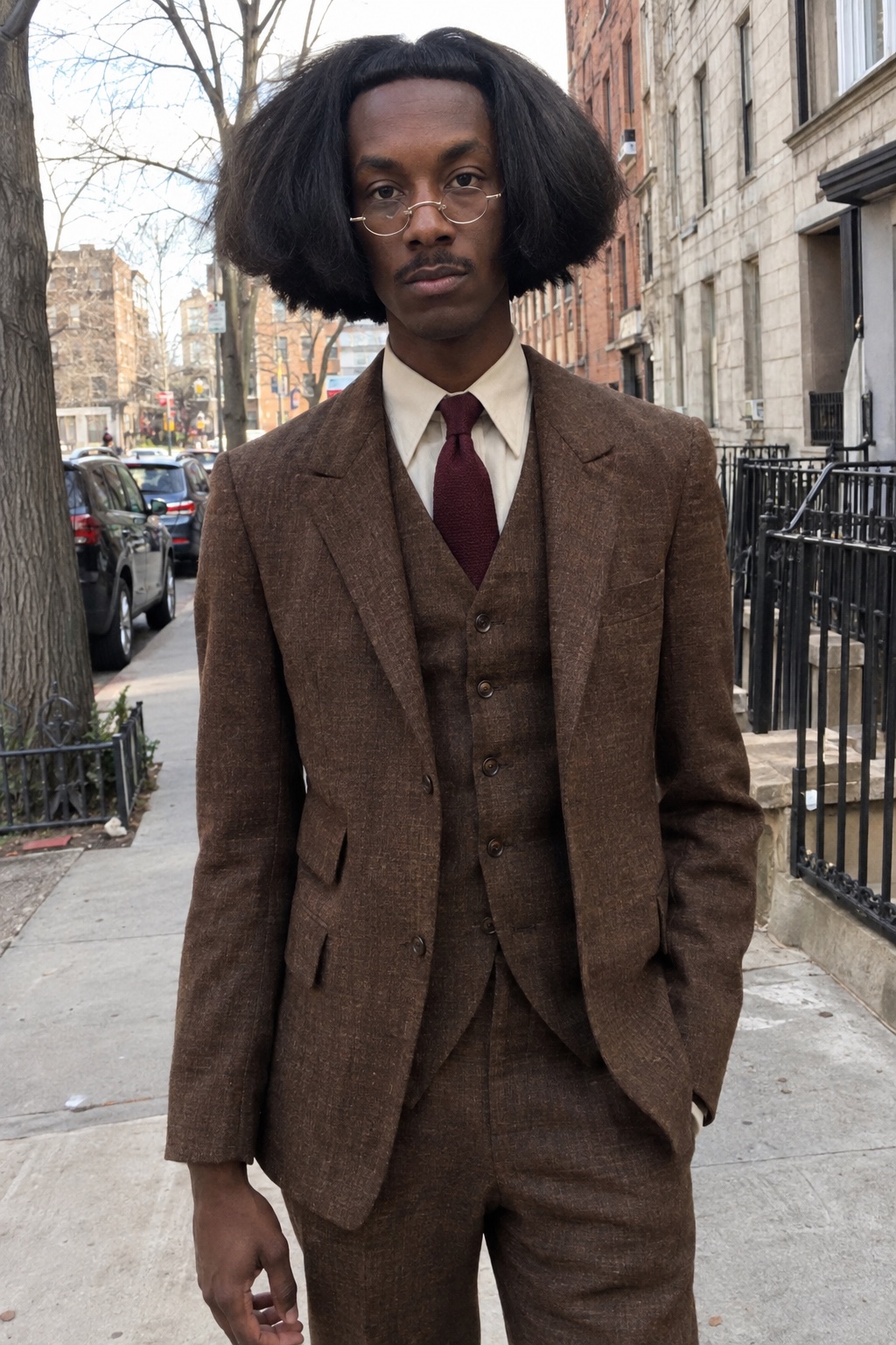 Jerome wearing his brown suit, round glasses and very wide bob haircut.